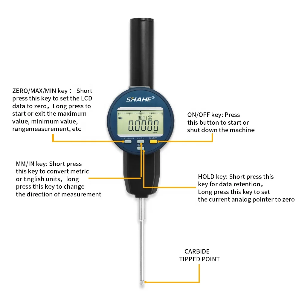 Новинка, метрический/дюймовый Электронный индикатор SHAHE 0-50,8 мм, 0,0005 мм с перезаряжаемой батареей, водонепроницаемый цифровой циферблат