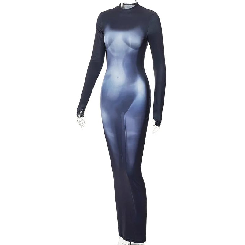 Осеннее платье для девочек принт с длинным рукавом Bodycon платья разрезом женщин средства ухода за кожей Con Платья