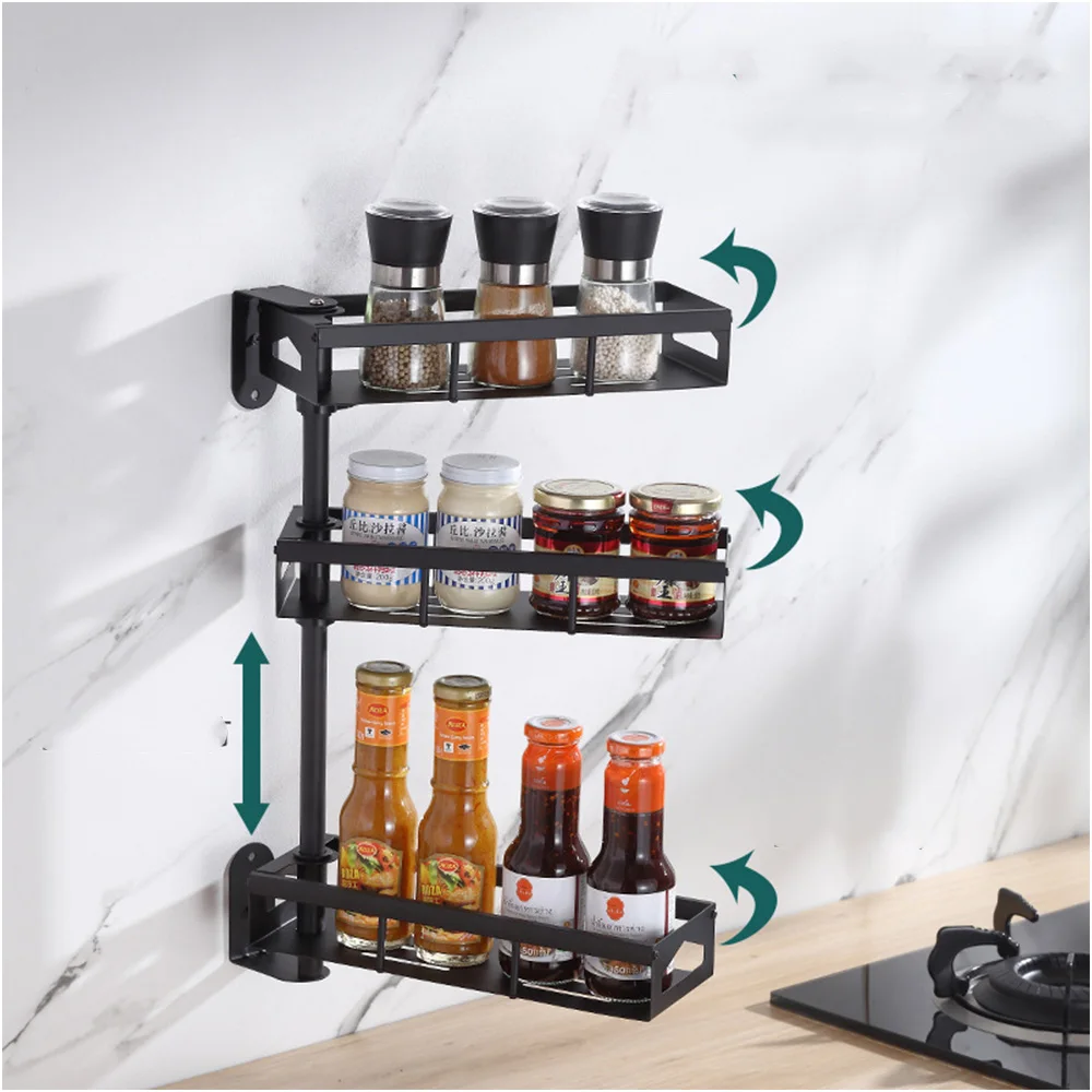 Wall Mounted Stainless Steel Rotating Spice 180 Rotation Corner Seasoning Organizer Shelf Adjusted Rack in Height