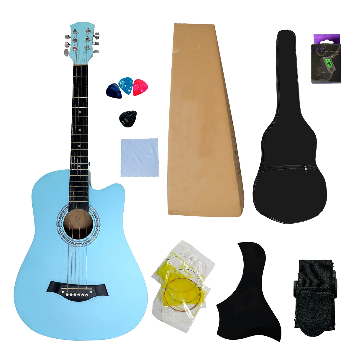 38 inch Basswood Guitar Set with Bag/Spare Strings/Pick Box/Picks/Strap/Cleaning Cloth/Tuner/Black Guards Beginner Guitar Kit