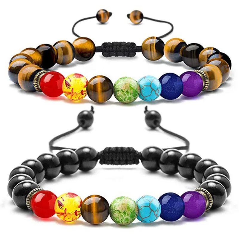 Men Handmade Yoga Chakra Bracelet 8mm 7 Chakra Bead Natural Volcanic Stone Bracelet