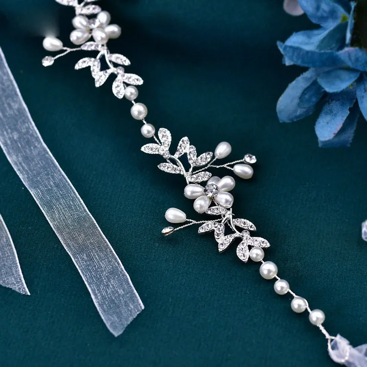Wholesale Handmade Hair Accessories Alloy Leaf Pearl Wedding Tiara Headdress Party Hair Vine Bridal Organza Ribbon Hair Band