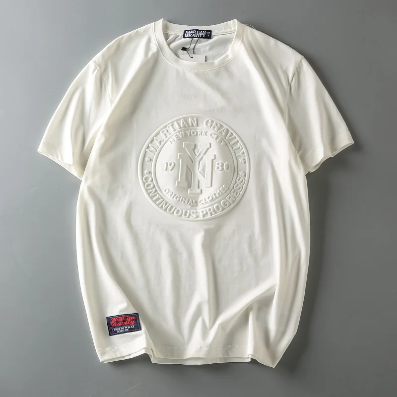 Custom Design 2021 New Loose Fit Casual 100%Cotton 3d Embossed Logo White Short Sleeve Men T Shirt