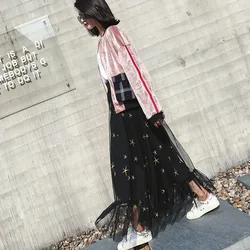 Summer high quality  korean embroidery fashion black long skirt
