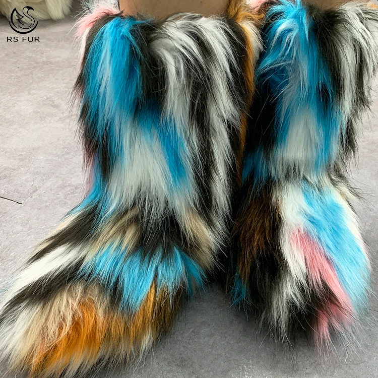 Fashion Anti Slip Child Girls Women Luxury Red Fur Winter Boots Covered with Faux Fox Raccoon Fur