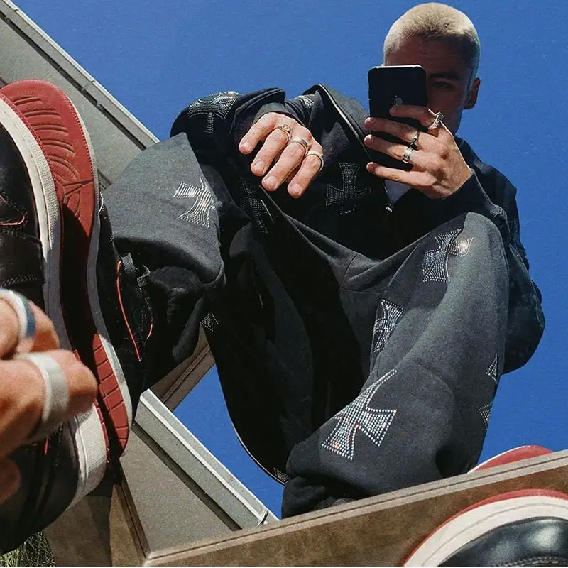 Y2K Full Zip Up Streetwear Cross Rhinestone Logo 500Gsm Anti Pilling Cotton Unisex Oversized Mens Gothic Hoodie