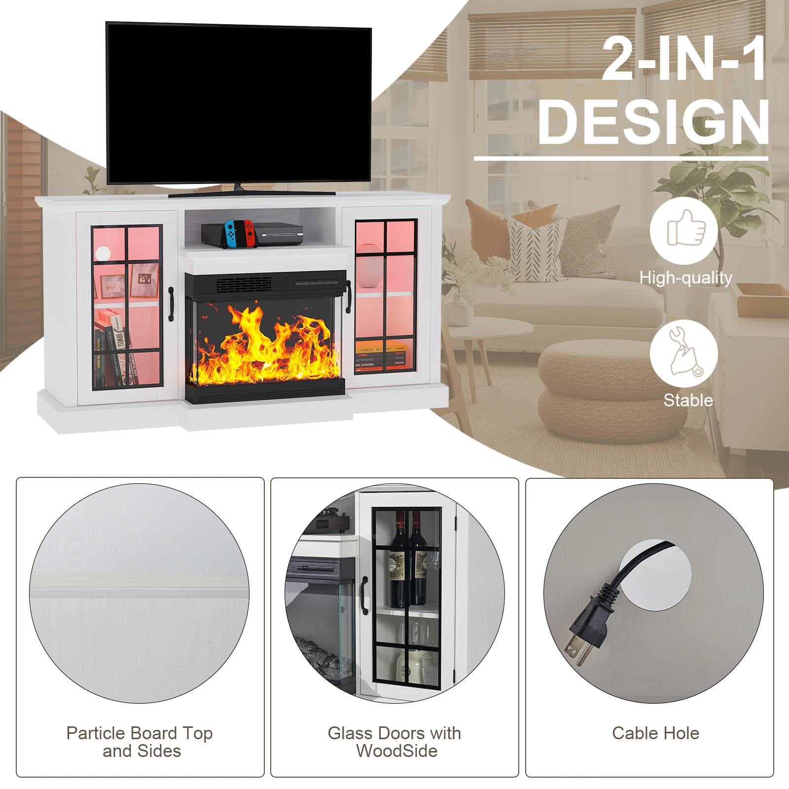 2024 Modern Electric TV Stand Modular TV Cabinet with LED Lighting and Electric Fireplace for Living Room