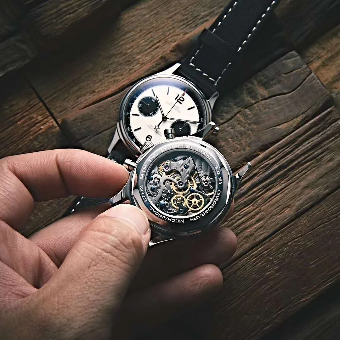 Rts stock drop ship luxury 5atm Panda eyes 1963 seagull st1901 chronograph automatic mechanical movement watch man for sale