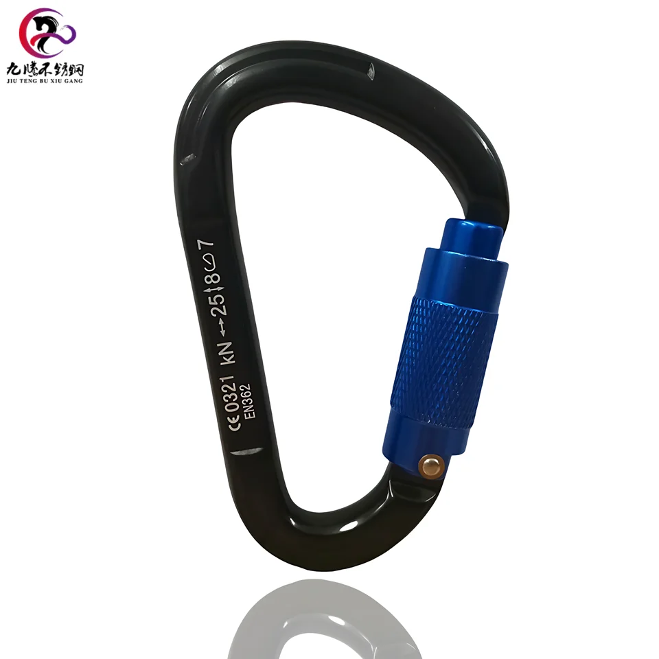 Hot Sale High Quality customized black metal clip hook spring 25KN aluminum locking climbing hammock carabiner