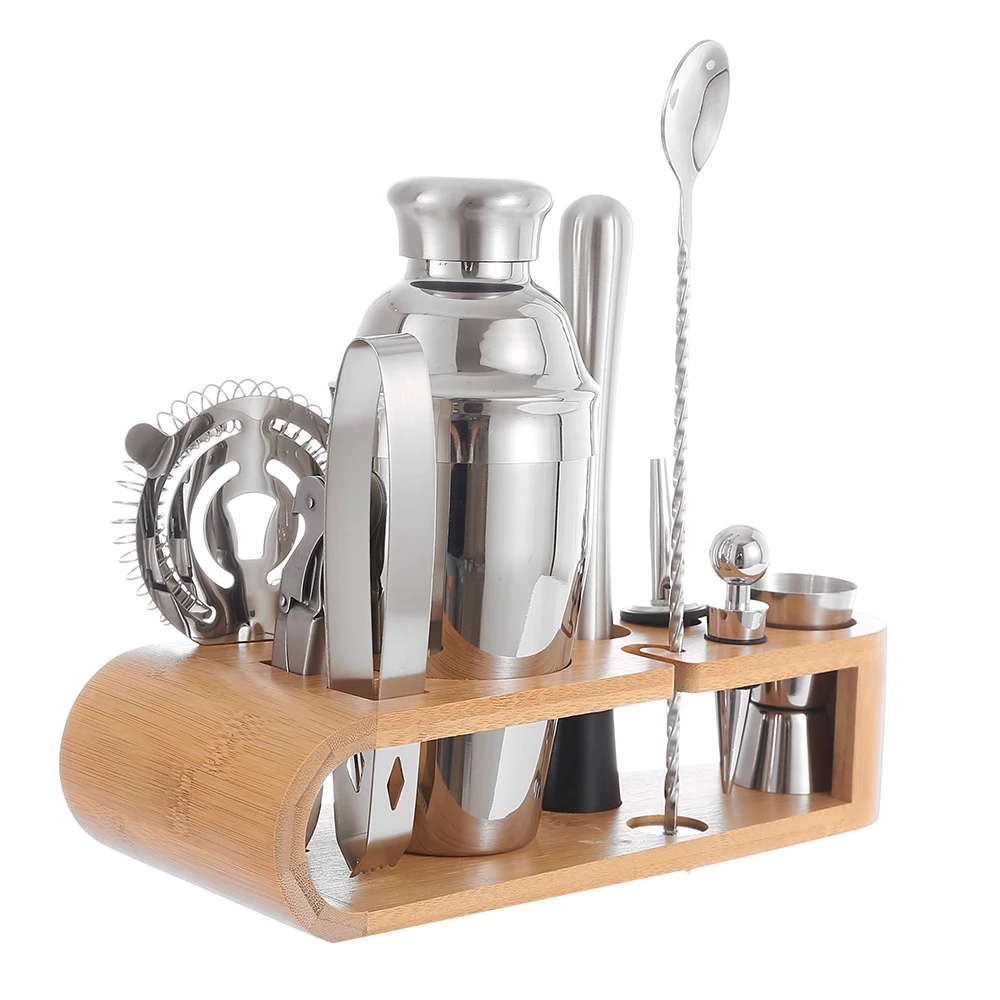 550 ml Cocktail Shaker Tools Set With Bamboo Stand Wholesale Stainless Steel 10 Piece Cocktail Set Bartender Kit