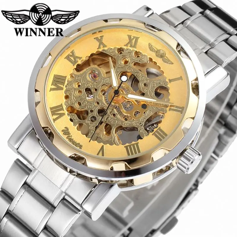 WINNER 8008 classic silver male mechanical watch low cost Stainless steel band water resist auto transparent moq 1 watch kit