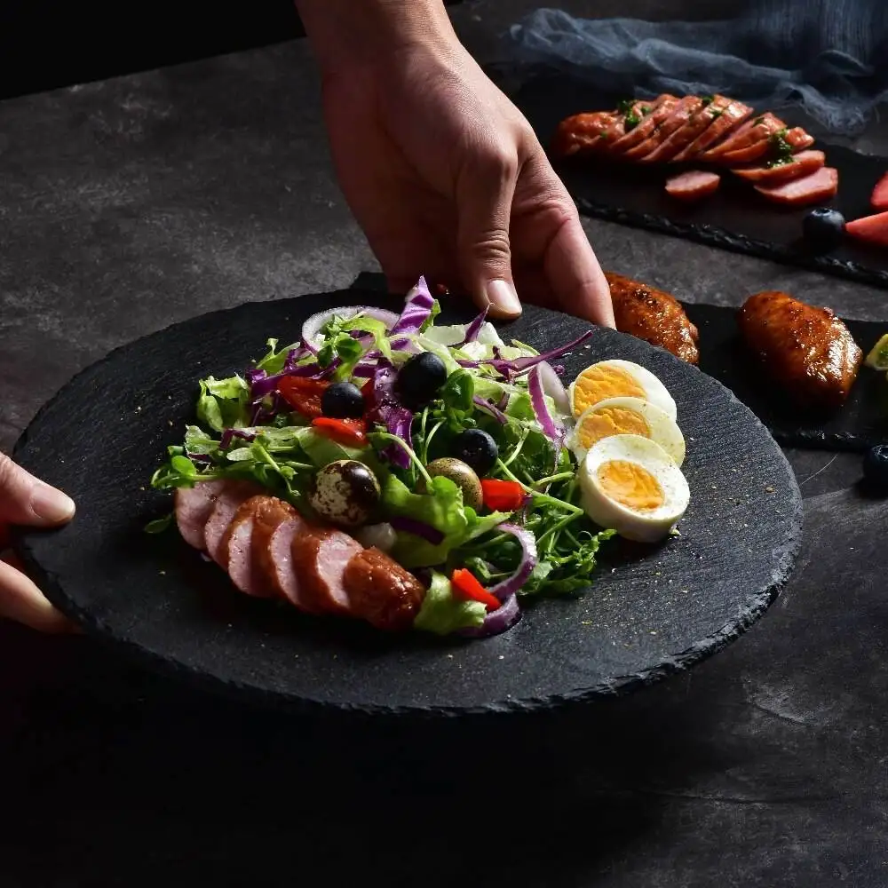 Round Slate Stone Plates Restaurant Sushi Stone Tray Wholesale Dinner Plate Black Serving Dishes For Catering Restaurant Hotel