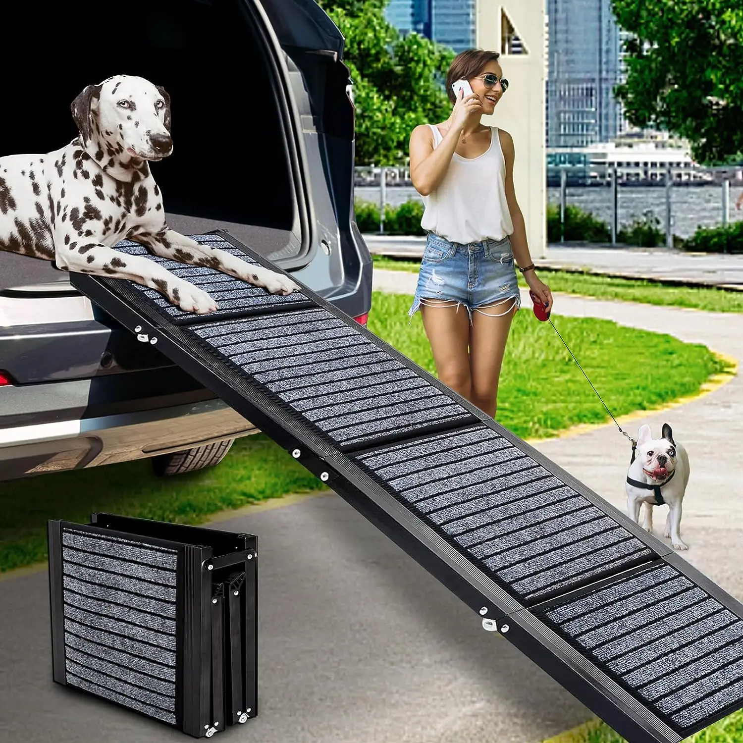 CANBO Foldable Dog Ramp Car Trucks SUVs Portable Outdoor Stair for Large Dog with Felt Rug