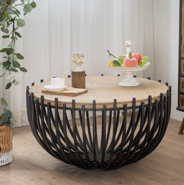 Bucks Home Natural Rattan Round Coffee Table Metal Wire Side Table Steel Base And Rattan Top Coffee Table Furniture