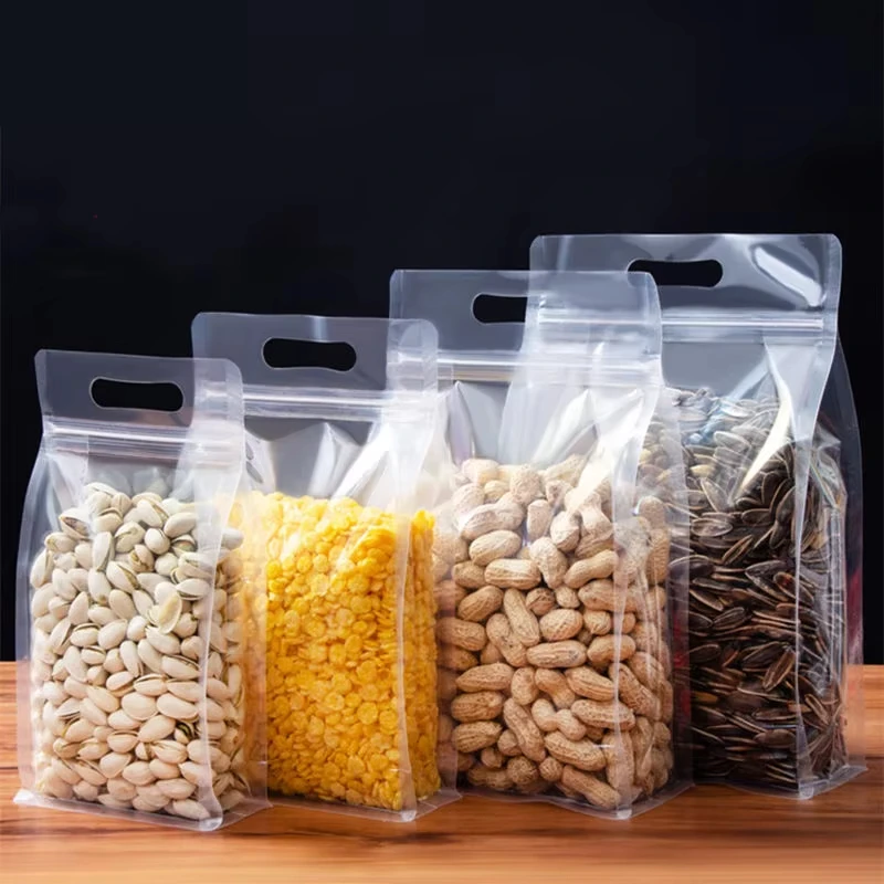 Transparent Plastic Food Packaging Ziplock Bag Handle Portable Sealed Storage Candy Grains Tea Nut Dried Fruit Logo