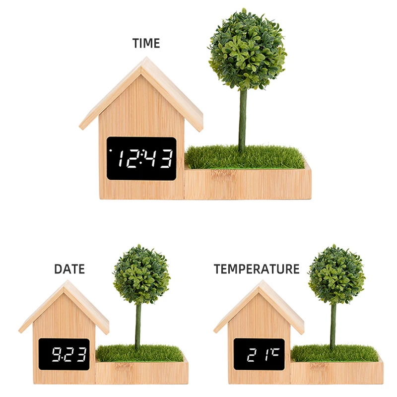 2022 New Year Gift Home Decoration Real Bamboo House shape Alarm Clock With Calendar Temperature Display best for bedroom