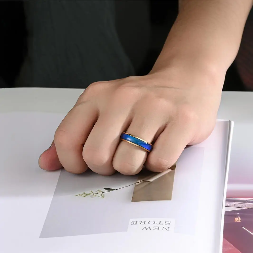 New 6mm 18K Gold Plated Stainless Steel Temperature Sensitive Glaze Changing Color Rotatable Mood Rings For Men Women Couple