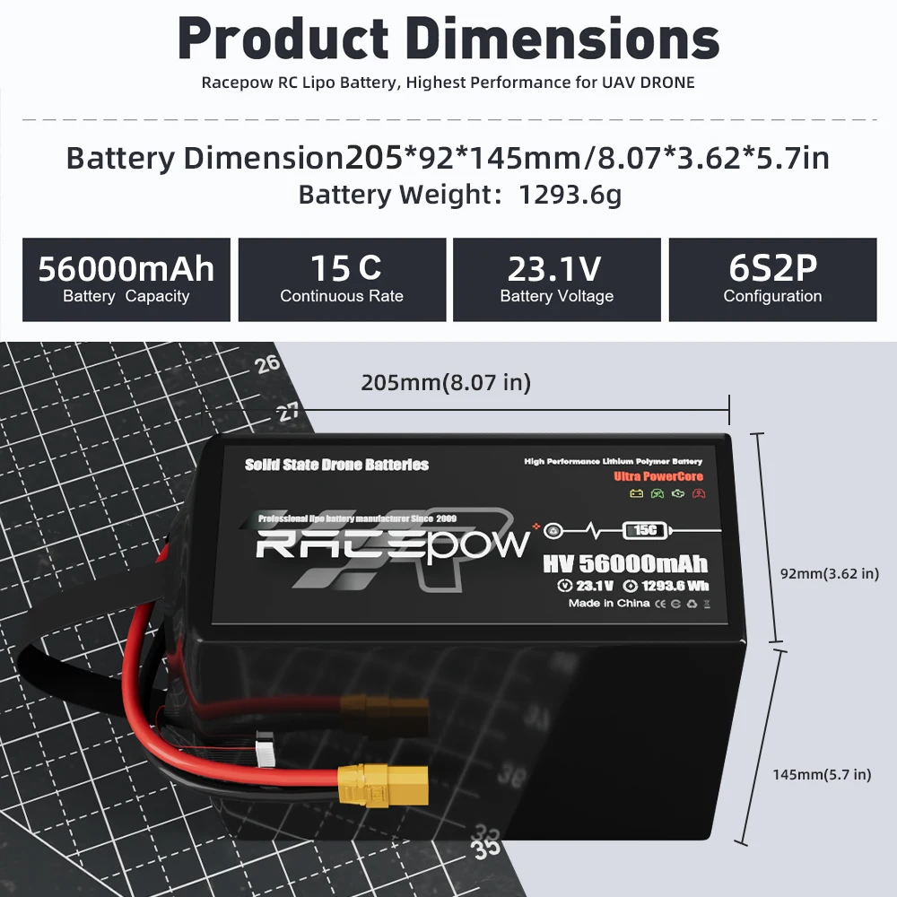 Racepow Semi solid state battery 6S2P/12S 23.1V 46.2V 30Ah 40Ah 56Ah 60Ah Drone UAV LIPO Battery For Vtol Drone/Industrial Drone