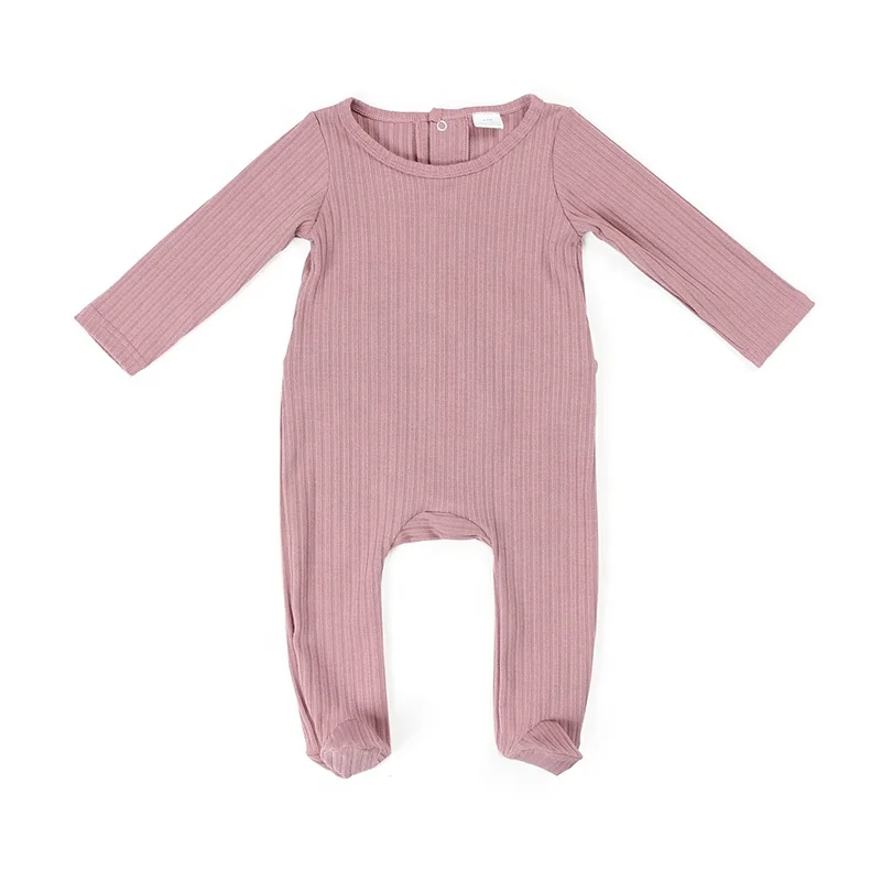 Newborn baby clothes long sleeves snap button opening back easy to change diaper knit cotton ribbed footie baby romper
