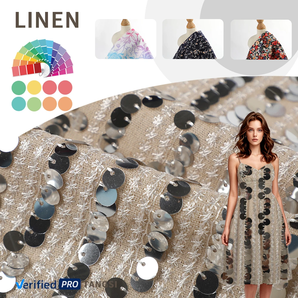 Wholesale 2mm Sequins Fabric Embroidery Luxury with linen blends Sequin Fabric for Sewing Glitter DIY Crafts Wedding Dress