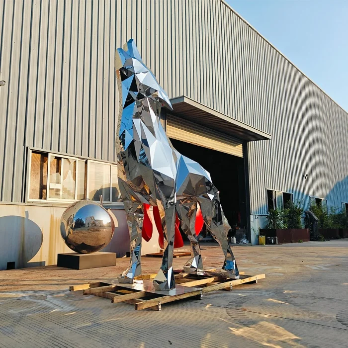 Современный стиль Волк Скульптура 3 м геометрическое Зеркало полированная нержавеющая сталь Художественная Скульптура