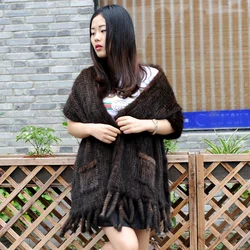 CX-B-M-08 Genuine Brown Color Natural Mink Fur Woven Scarf And Shawl