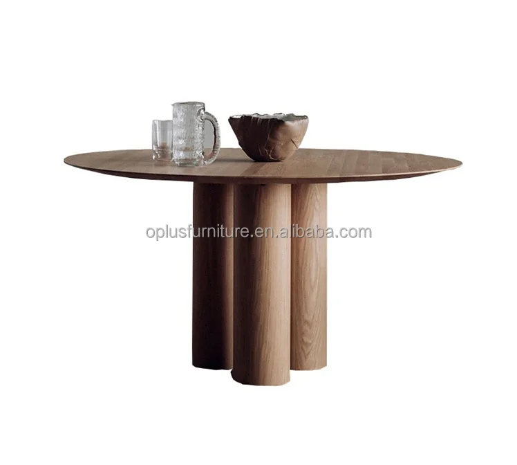 New design ash walnut oak veneer round top white black PU lacquer treatment cylinder shape wood base dining table