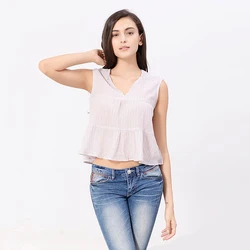 Оптовая продажа, повседневные сексуальные женские топы и блузки без рукавов с оборками и глубоким v-образным вырезом, дизайн рубашки