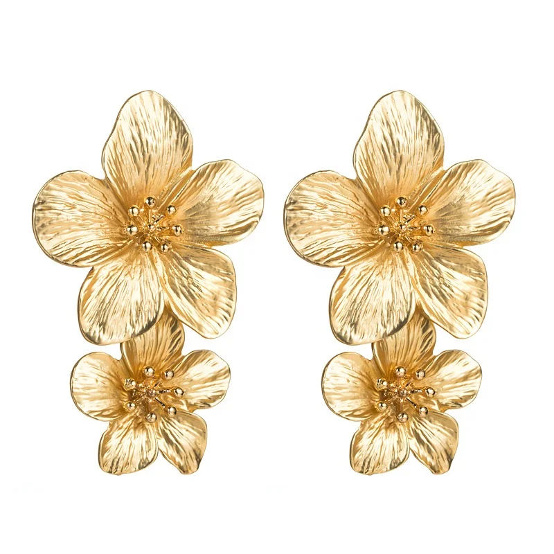 High Polish Gold Plated Enamel Earrings Simple Two Flower 14K Gold Filled Drop Earrings For Women