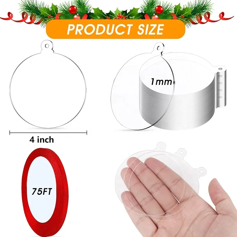 100 Pcs Clear Round Acrylic Ornaments Clear Acrylic Christmas Ornaments DIY Blank Round Acrylic Christmas Ornament with Red Ribb