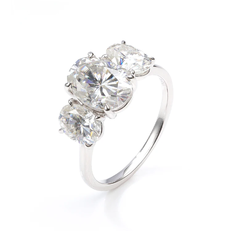AAA GEMS Platinum Wedding Ring Three Stone Accented 10x7mm Oval Cut Moissanite Diamond Engagement Ring with GRA