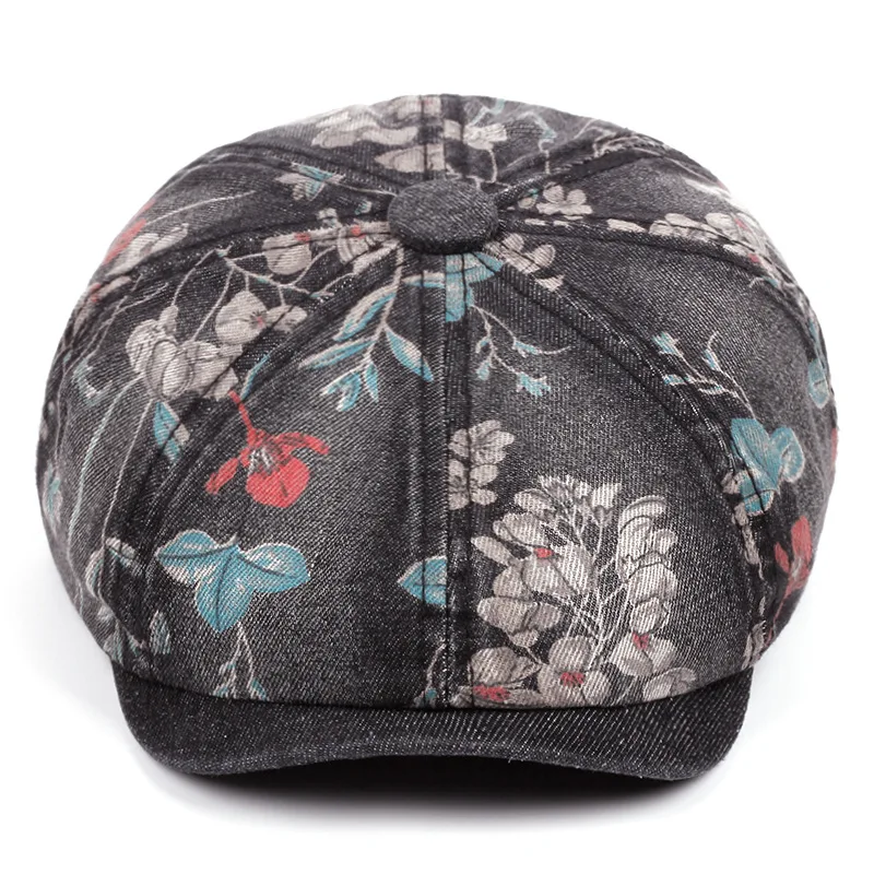 Printing Floral Washed Denim Octagon Newsboy Hat for Men Newsboy Cap Irish Cap Newsies Cabbie Hat Flat Hat Unisex