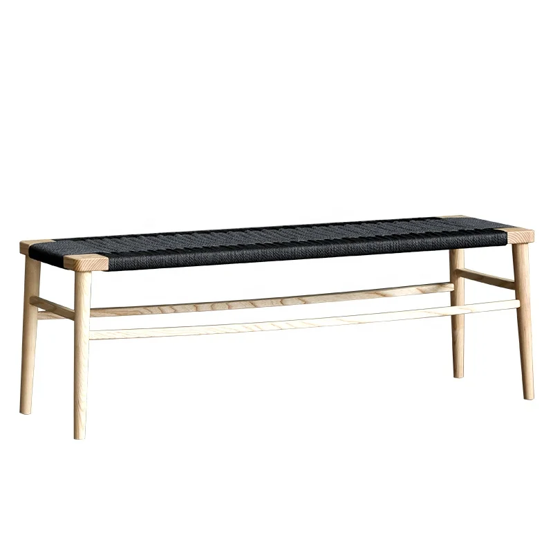 Customized  New Modern Home Natural Wooden Frame Black Rope Weave Seat Work  Bench Nordic Style  Shoe Bench