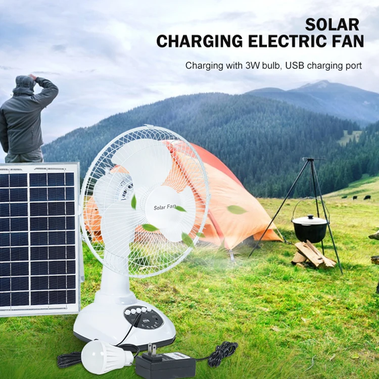Rechargeable 12 Inch Solar Charging Power Table Fan With Solar Panel And Led Bulb Lights Usb Ports Solar Fans For Home Office