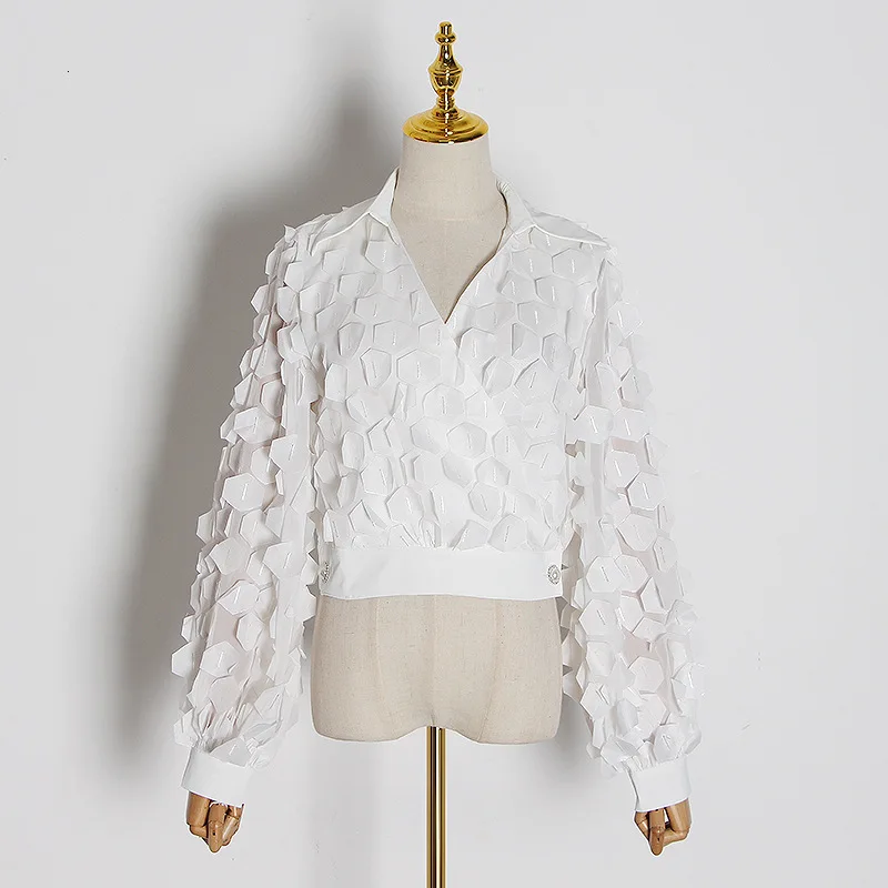  Блузка женская с воротником-стойкой ажурный кружевной топ в стиле пэчворк Элегантная Модная рубашка длинным рукавом весна
