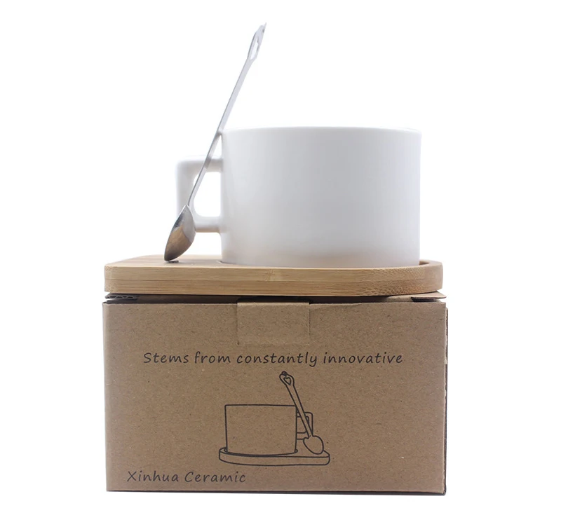 RubbySub 6oz Stone Ceramic Coffee Cup White Porcelain Tea Cup with Bamboo Plate and Metal Spoon