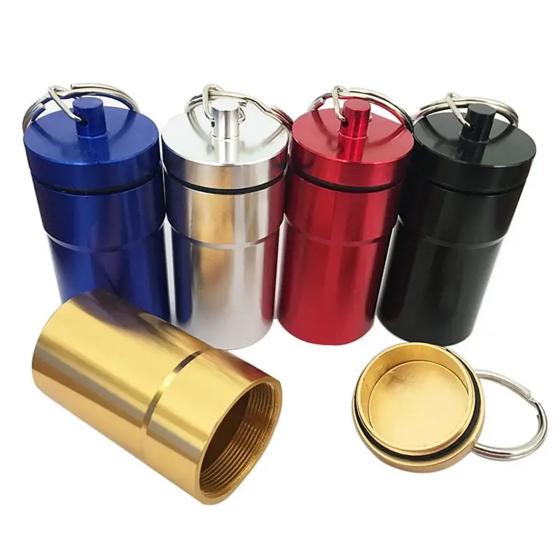 Mini metal pill box key chains organizer chain Outdoor Emergency Waterproof Aluminum Bottle storage cases rings