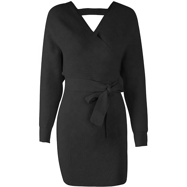 2022 Factory wholesale sexy wrap sweater dress long sleeve strappy backless mini knit dress