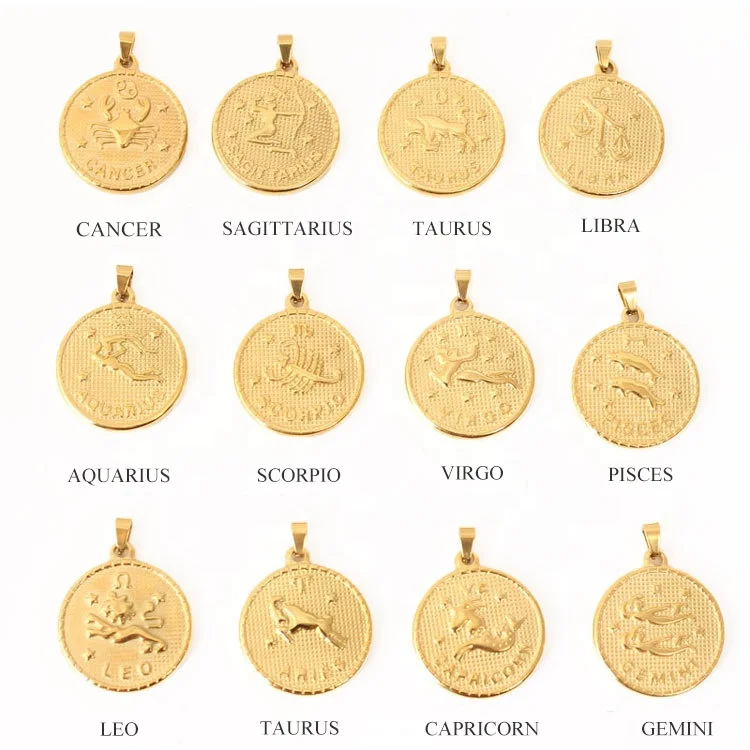 High Quality Women Jewelry 18K Gold Plated Disc Coin Stainless Steel Horoscope Zodiac Pendant Necklace For Women