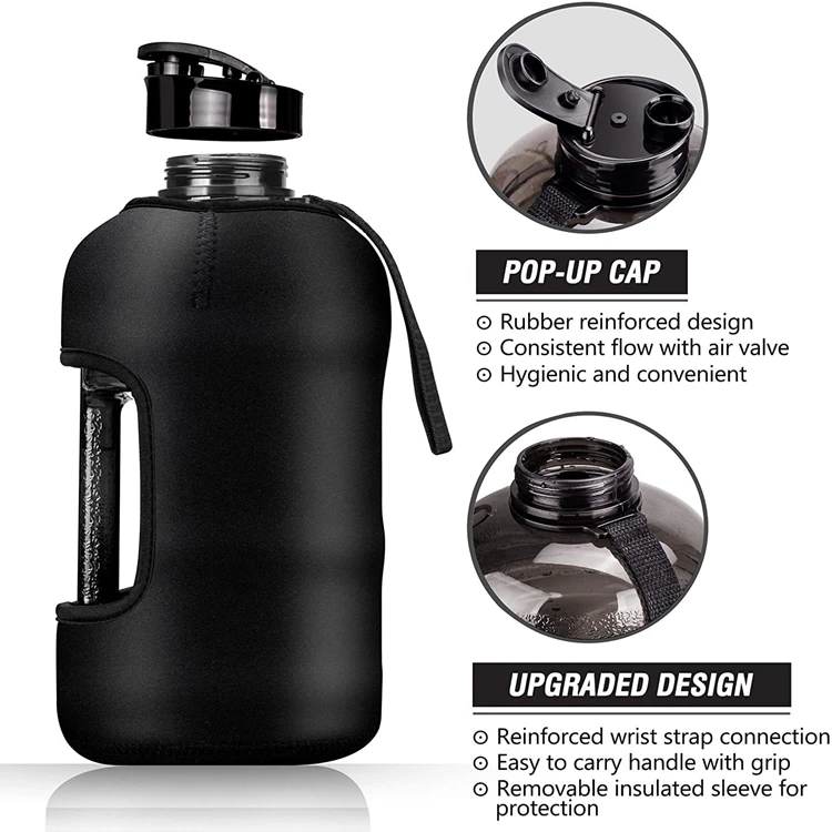 Customization Half Gallon and Straw lid BPA Free Sports Water Bottle Jug with Handle 2.2L Water Bottle with Sleeve