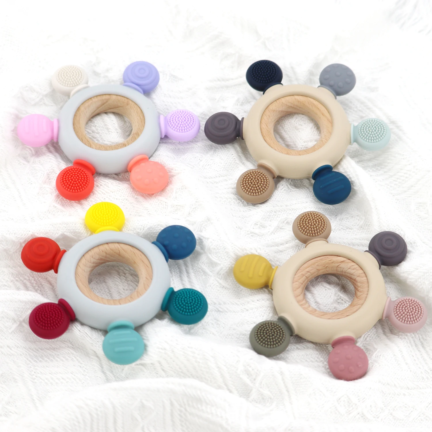 Baby Teethers Toy Teething Ring Grasping Teething Toy BPA Free Silicone Rudder with Wooden Ring