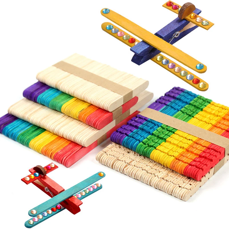 100Pcs/50Pc Environmental Fun Handmade Diy Colored Popsicle Natural Wood Ice Cream Sticks Food Grade Flat Handy Art Crafts Stick