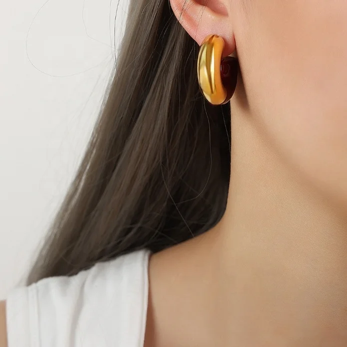 Modern Chunky Enamel Hoops Waterproof 18K Gold Women Jewelry Fashion C Shaped Sleek Gold Bold Statement Earrings