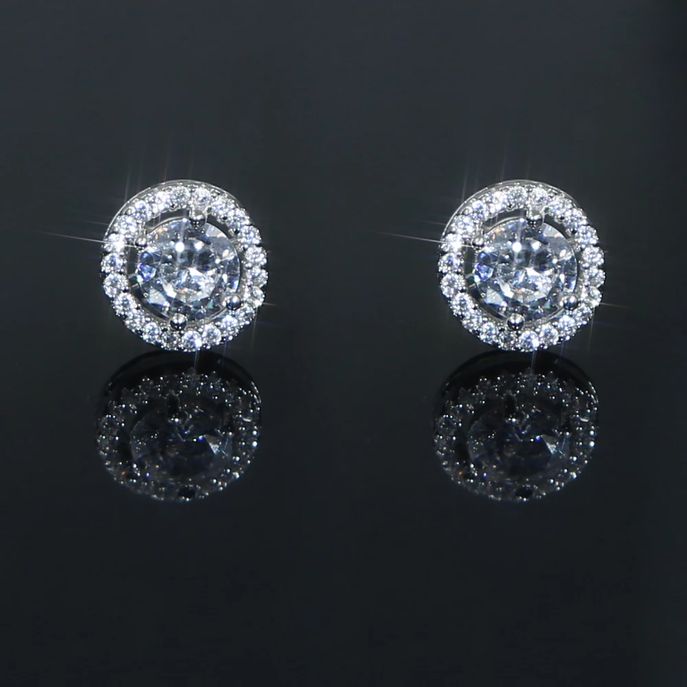 iced out bling CZ geometric stud round halo design sparking diamond stud earring
