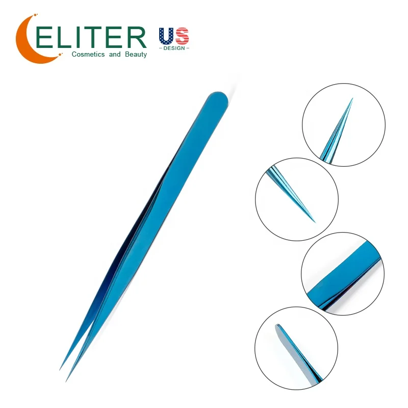 ELITER In Stock Beauty Tools Blue Eyelash Tweezers Straight Eyelash Tweezer Personalized Eyelash Tweezers