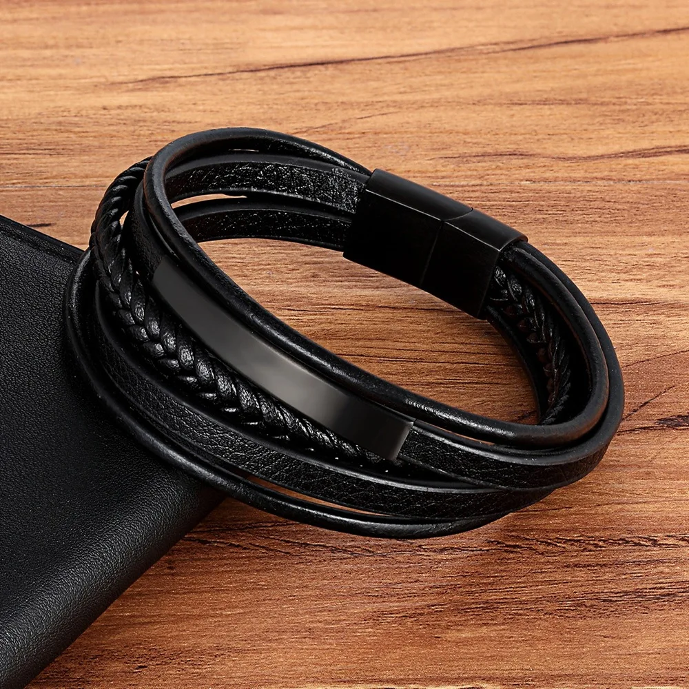 HOT Selling Multi Leather Bracelet For Men With Magnetic Clasp Stainless Steel Wristband Plan Bar For Personal Engrave Bracelet