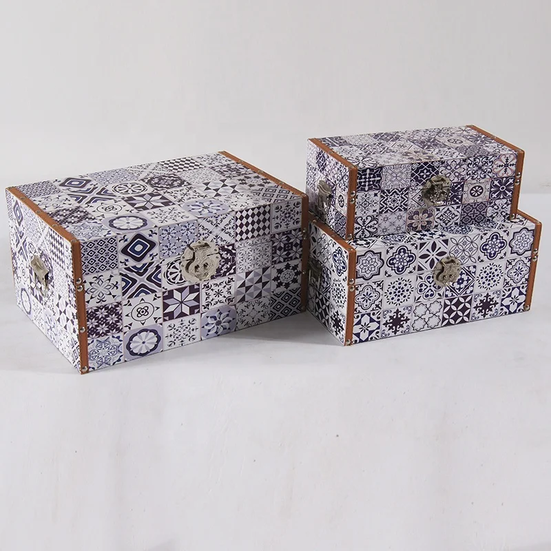 
Home Decor Ornament Blue and White Porcelain Design Rectangle Wooden Base PU Print Set of 3 Storage Trunk 