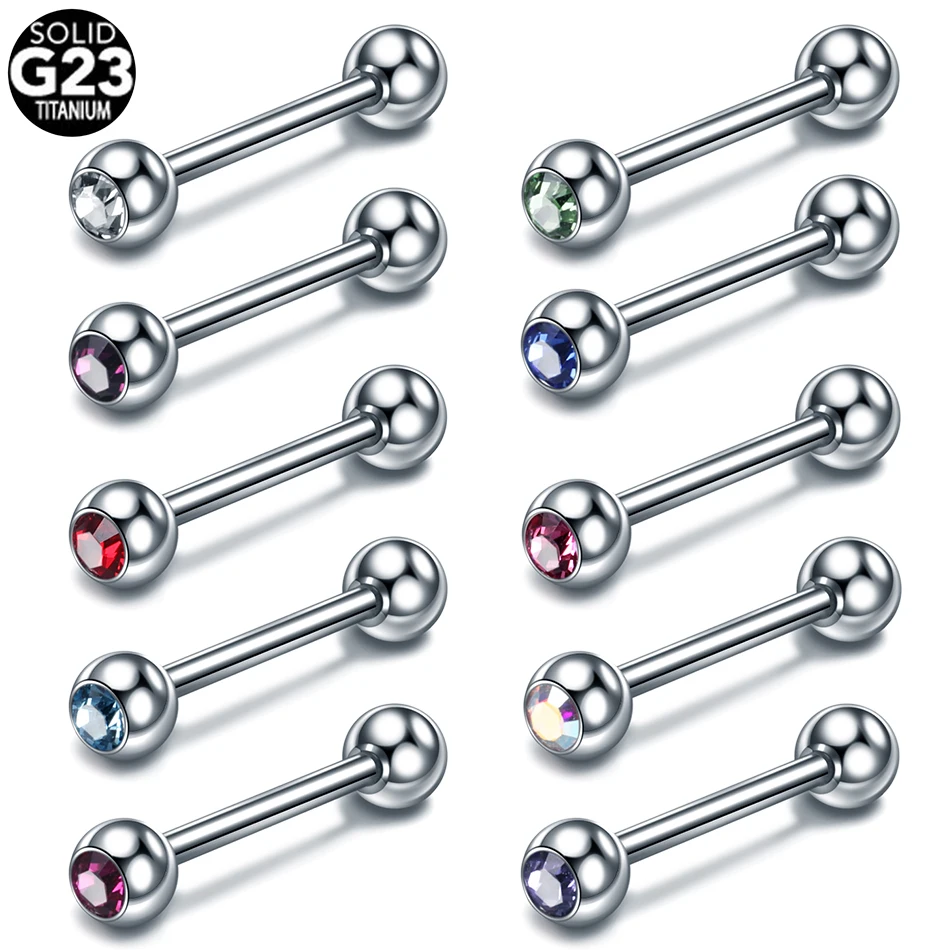 10pcs/lot Titanium Externally Threaded CZ Tongue ring Nipple Barbell Ring Bar Body Piercing Jewelry 16mm