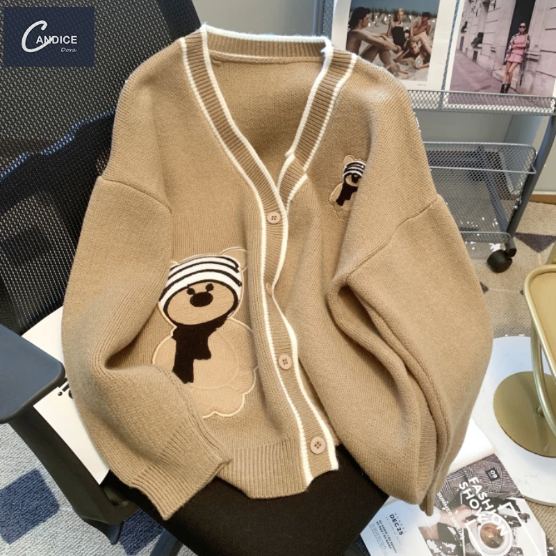 Candice 2023 fall Cardigan cartoon v neck jacquard embroidery cute knitted sweaters women