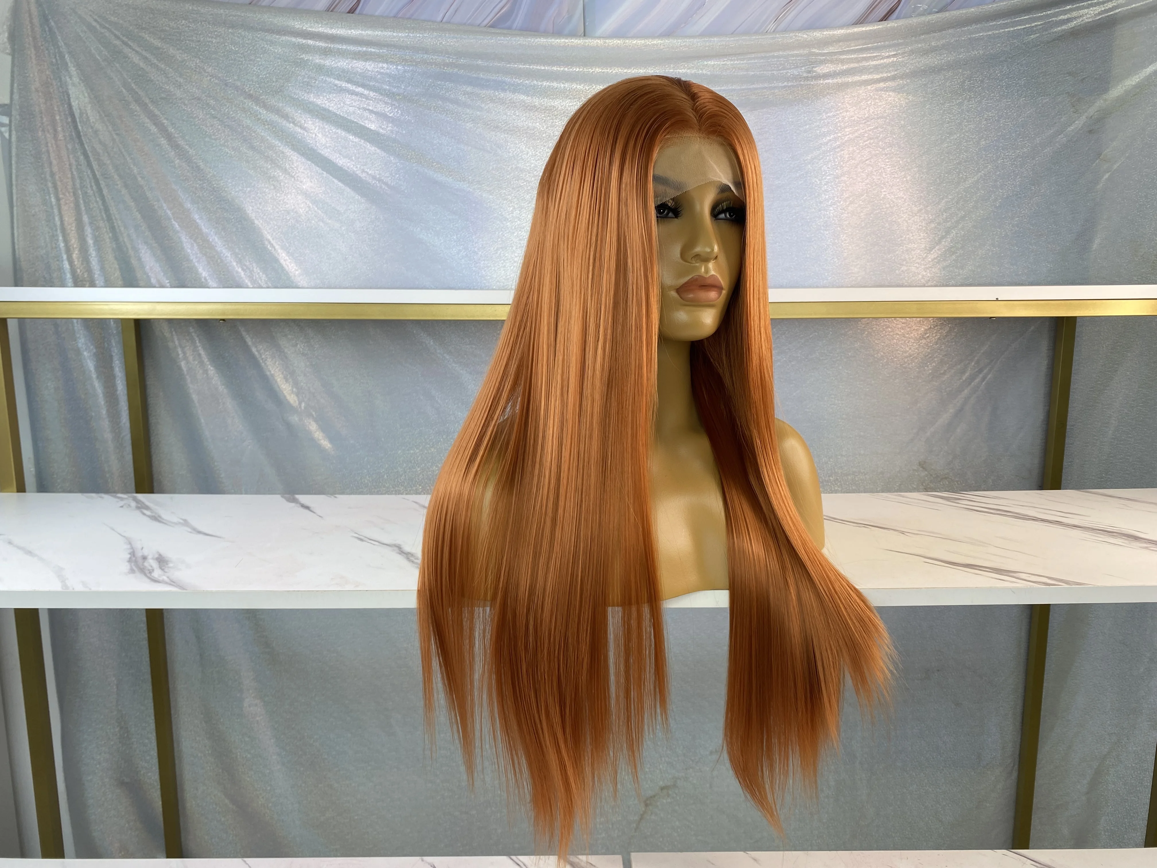 Wholesale Ginger Orange Synthetic Lace Front Wig Long Straight Heat Resistant Fiber 100% Futura Hair Wig for Women Cosplay Daily